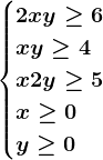 \begincases2x+y \geq 6\\ x+y \geq 4 \\ x+2y \geq 5\\x\geq 0\\y\geq 0\endcases