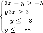 \begincases2x-y\geq -3\\ y+3x\geq 3 \\-y\leq -3\\ y\leq -x+8\endcases