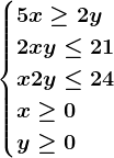 \begincases5x\geq 2y\\ 2x+y\leq 21 \\x+2y\leq 24\\x\geq 0\\ y\geq 0\endcases