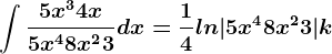 \int \frac5x^3+4x5x^4+8x^2+3dx=\frac14ln|5x^4+8x^2+3|+k