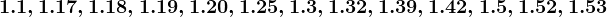 1.1, 1.17, 1.18, 1.19, 1.20, 1.25, 1.3, 1.32, 1.39, 1.42, 1.5, 1.52, 1.53