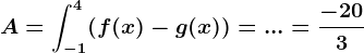 A=\int-1^4(f(x)-g(x))=...=\frac-203